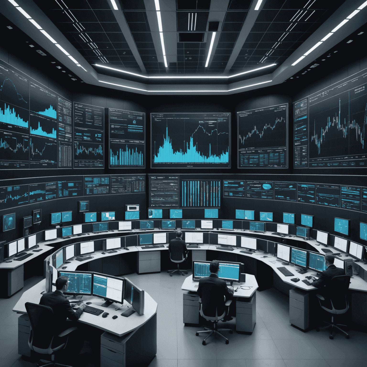 Visualisation futuriste d'un centre de trading haute fréquence avec des écrans affichant des graphiques complexes et des serveurs de traitement de données